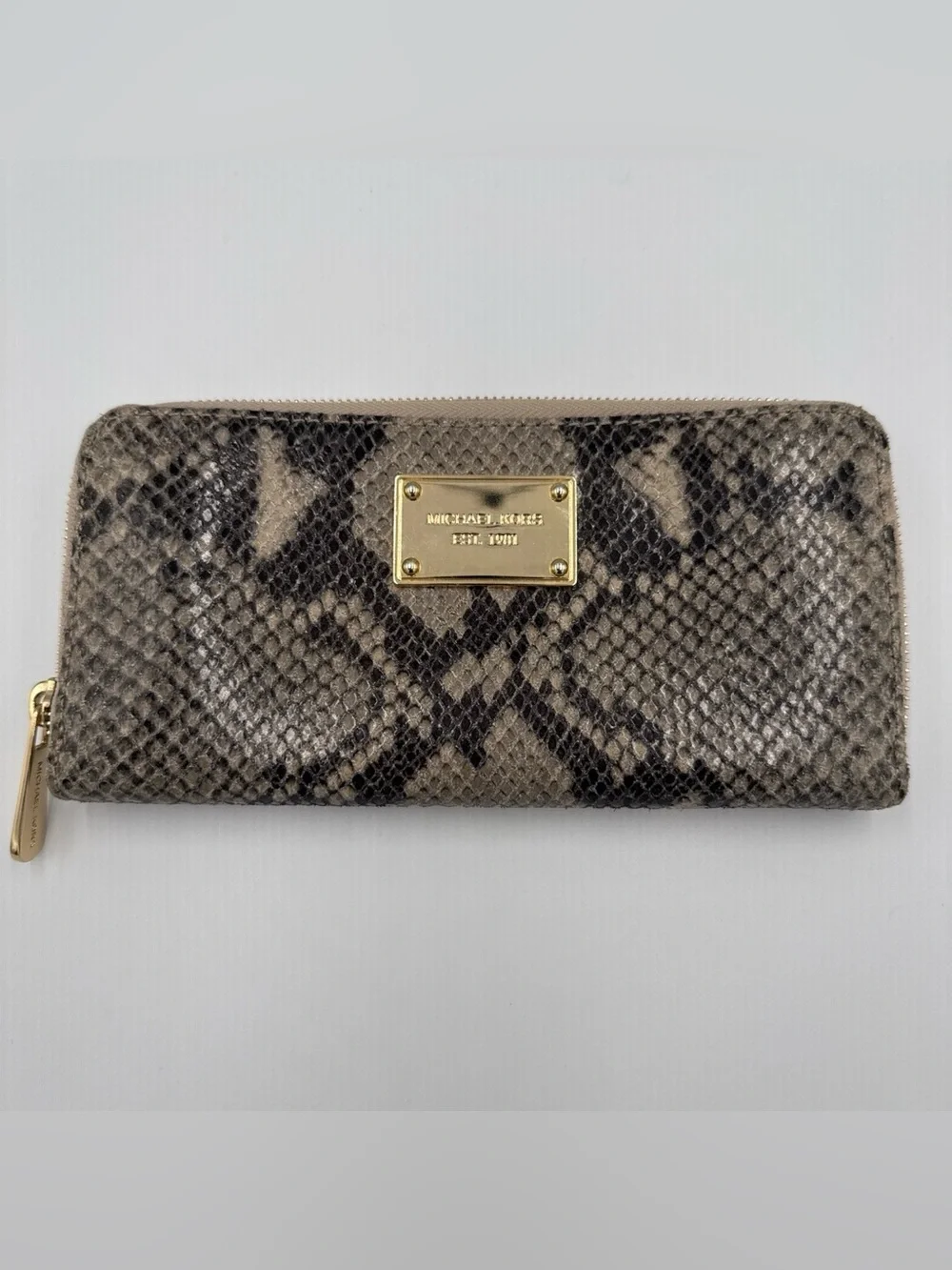 Michael Kors Taupe and Black Exotic Snake Skin Zip Wallet with Gold Plaque
